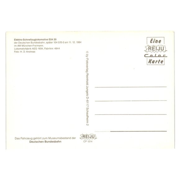 Vintage Train Postcard Electric Locomotive E04 20 Dutch Museum 1984 German - Picture 2 of 2